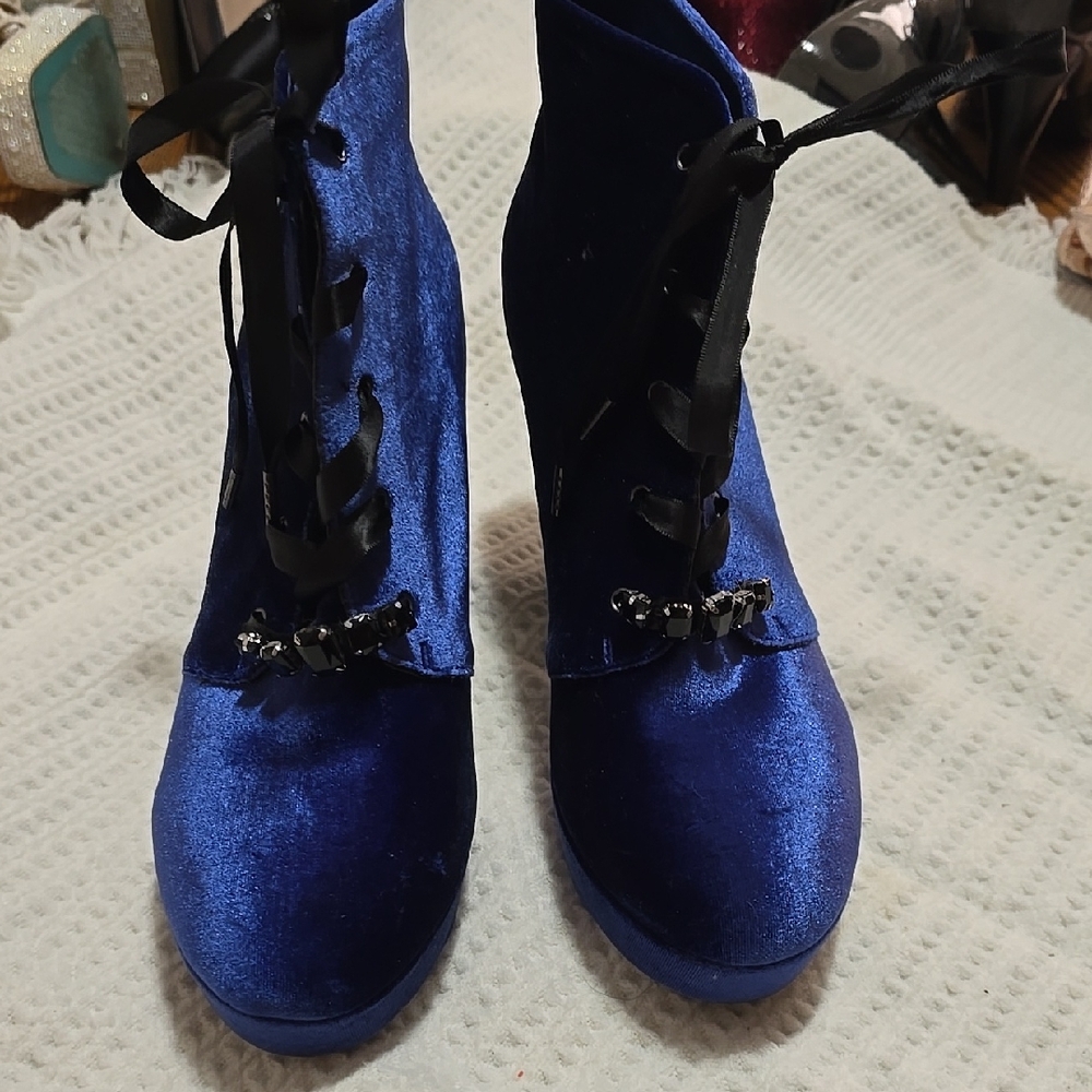 Betsey Johnson Blue Velvet Lace Up Boots